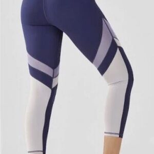 Fabletics Womens sz XS Leggings Purple White Stipes Cropped Elastic Waist NWT